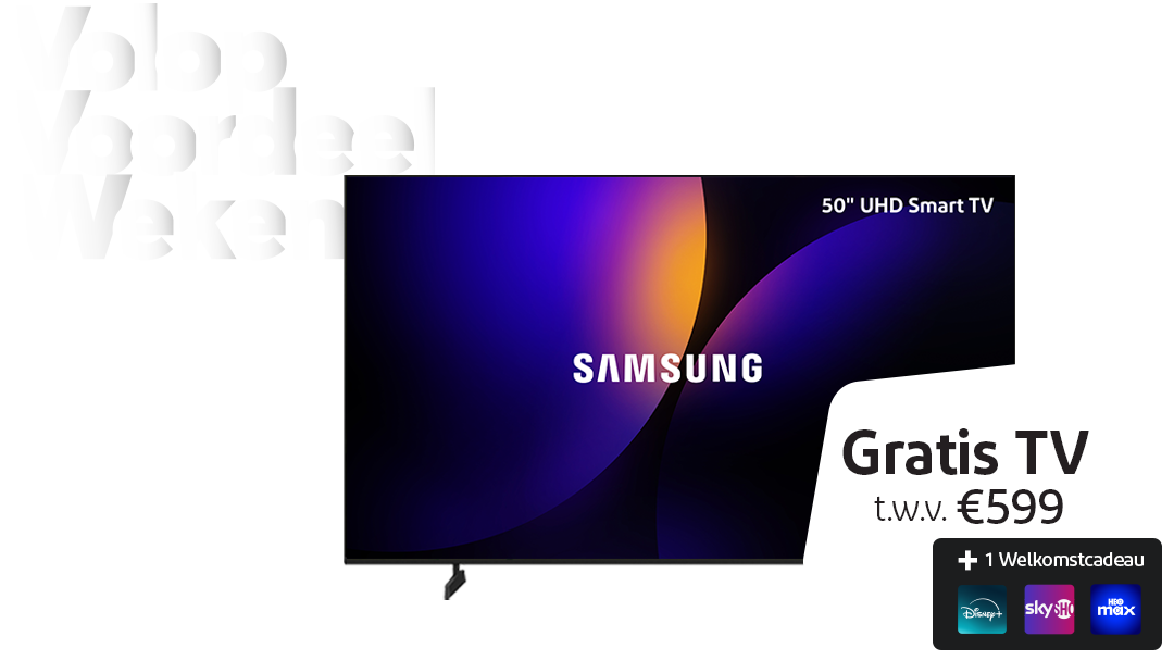 Volop Voordeel Weken met een gratis Samsung Smart TV t.w.v. 599 euro, bij een 2-jarig contract. Plus 1 welkomstcadeau; o.a. Disney+, SkyShowtime of HBO Max.